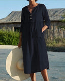 Airy Cotton Summer Midi Dress with Button Placket