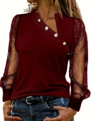 Asymmetrical Neckline Blouse with Mesh Sleeves