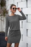 Chic Women's Dress with Drawstring and Long Sleeves