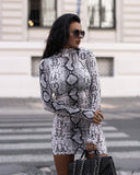 Snake Print High Collar Long Sleeve Dress for Women