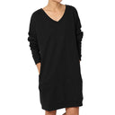 Chic Women's Long Sleeve Dress with Deep V-Neck and Handy Pockets