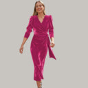 Velvet Midi Wrap Dress with Statement Puff Sleeves