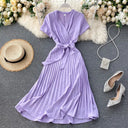 Knee-Length Solid V-Neck Pleated Dress