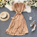 Knee-Length Solid V-Neck Pleated Dress