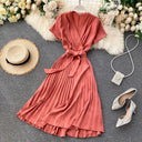 Knee-Length Solid V-Neck Pleated Dress