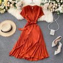Knee-Length Solid V-Neck Pleated Dress