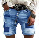 Chic Destroyed Denim Shorts with Button Placket
