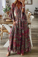 V-Neck Bohemian Dress with Flared Sleeves