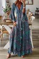 V-Neck Bohemian Dress with Flared Sleeves