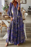 V-Neck Bohemian Dress with Flared Sleeves