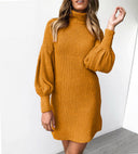 Chic Ribbed Knit Dress with High Collar and Puff Sleeves