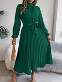 Stylish Solid Color Dress with Pleated Belt