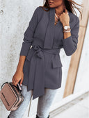 Stylish Women's Blazer Jacket with Tie Belt and Handy Pockets