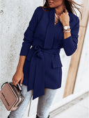 Stylish Women's Blazer Jacket with Tie Belt and Handy Pockets