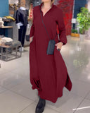 Evia - Chic Long Dress with Lapels & Side Slit