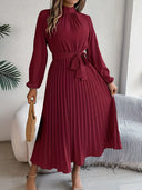 Stylish Solid Color Dress with Pleated Belt