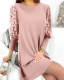 Solid Color Dress with Round Neckline & Puff Sleeves