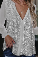 Sequin V-Neck Blouse with Long Sleeves