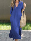 Stylish Solid Color Women's V-Neck Dress with Pocket