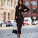 Chic Ribbed Midi Sweater Dress with Stylish Buttons