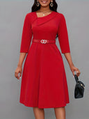 Asymmetrical Neck Belt 3/4 Sleeve Dress - Year-Round Style