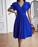 V-Neck Short Sleeve Solid Dress for Women
