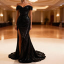 Sequined Off-Shoulder Evening Dress with Slit