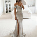 Sequined Off-Shoulder Evening Dress with Slit