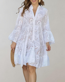 Embroidered V-Neck Dress with Bell Sleeves