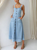 Chic Denim Midi Dress with Button Strap Design
