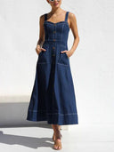 Chic Denim Midi Dress with Button Strap Design