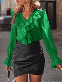 Chic Ruffled V-Neck Blouse with Flared Sleeves