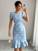 Floral Lace Midi Dress with Ruffled Hem for Women