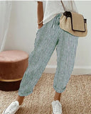 Women's Striped Pants with Elastic Waist and Side Pockets