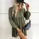Chic Women's Dress with Button Accents and Billowing Sleeves