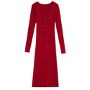 Chic Women’s Long-Sleeve Maxi Dress with Ribbed Design and Button Accent