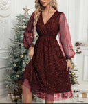 Glamorous Midi Dress with Sheer Puff Sleeves and Sequin Design