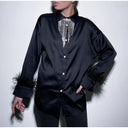 Chic Satin Blouse with Feather Accents