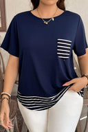 Striped Hem Women's T-Shirt with Chest Pocket