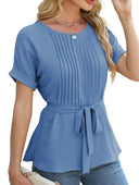Chic Pleated Blouse with Waist Belt for Women