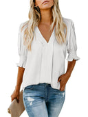Chic V-Neck Blouse with Ruffled Sleeves and Pleats