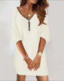 Stylish Women's Knit Dress with Deep V-Neck & Zipper Accent