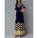 Artistic Gold Embroidered Women's Maxi Dress with Zigzag Design