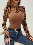 Chic Long Sleeve Patterned Bodysuit with High Collar