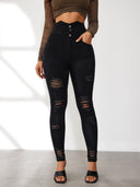 Women's High-Waisted Ripped Skinny Jeans with Chic Button Placket