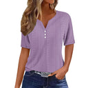 Women's Short Sleeve Blouse with Lace Details and Button Accents
