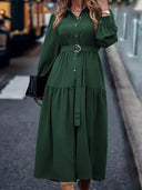 Chic Women's Dress with Fitted Belt & Button Detail