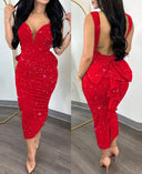 Chic Women's Midi Dress with Deep V-Neck and Peplum Hem
