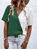 Chic Asymmetrical Short Sleeve Blouse with Button Accents