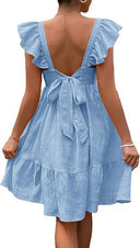 Women’s Cotton Dress with Ruffle Accents and Open Back Design